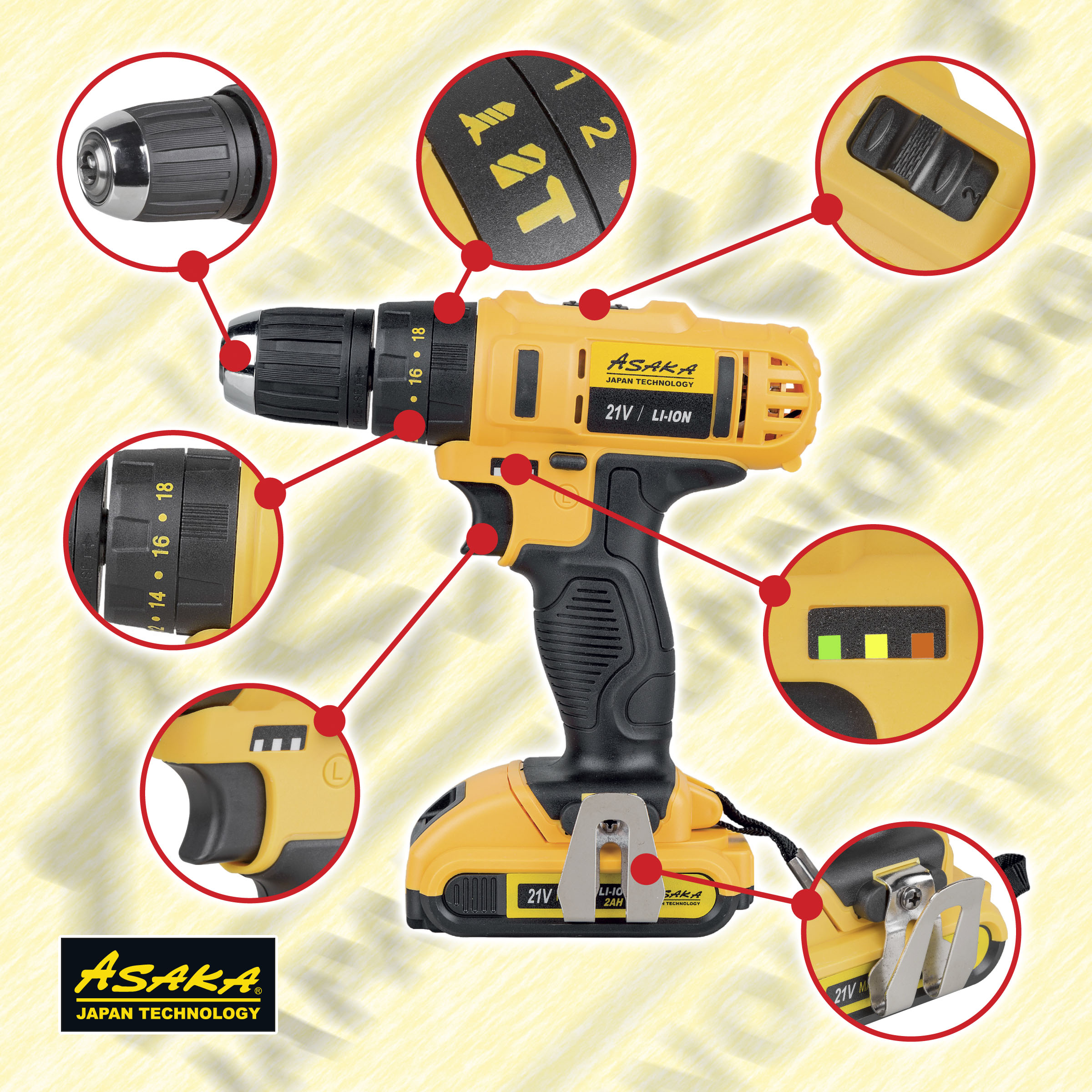 WIERTARKA WKRĘTARKA AKUMULATOROWA 2 X 21V Z UDAREM Seria ASAKA