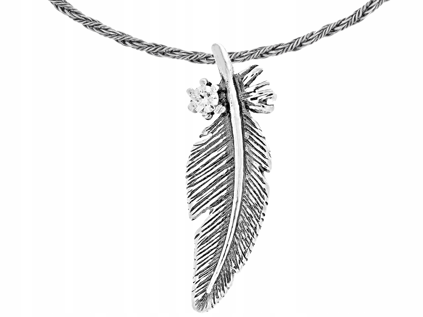 Krátký stříbrný dámský oxidovaný náhrdelník Pírko s perem a zirkonem 42 cm