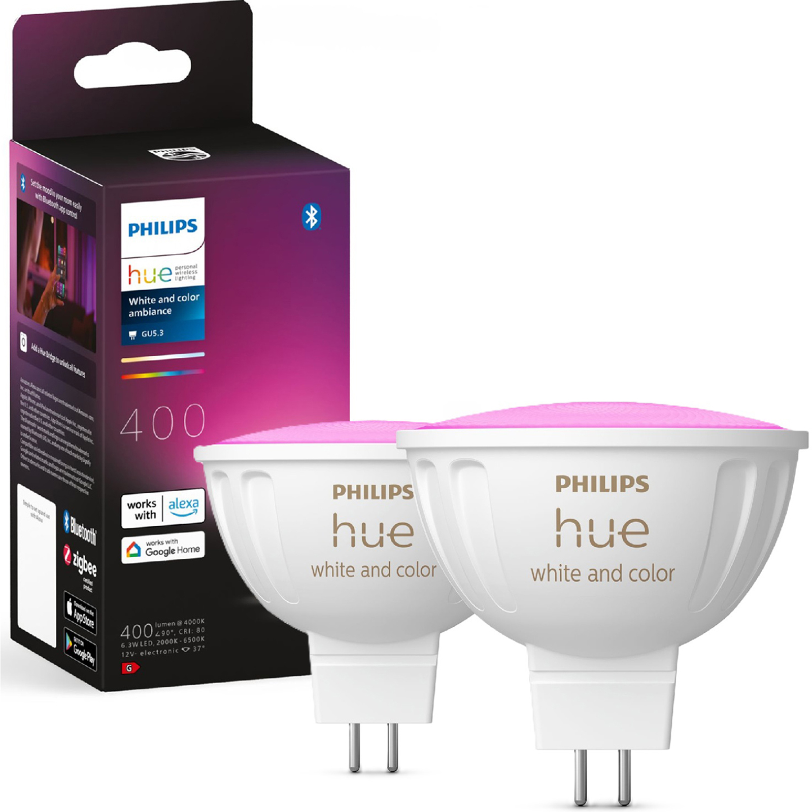 2x Led žárovka GU5.3 MR16 6,3W 400lm 2000-6500K Tw Rgb Smart Philips Hue