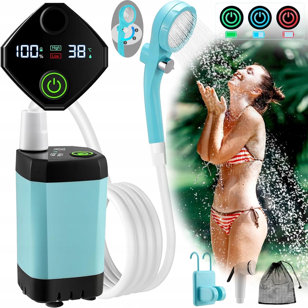 Przenośny Prysznic Turystyczny Kempingowy Elektryczna Z Led Pompką 4 Tryby