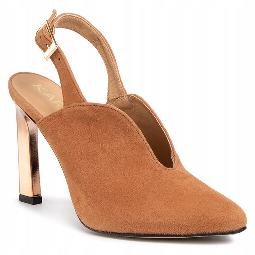 Skořicové semišové lodičky na zlatém podpatku, dámské sandály Karino 39