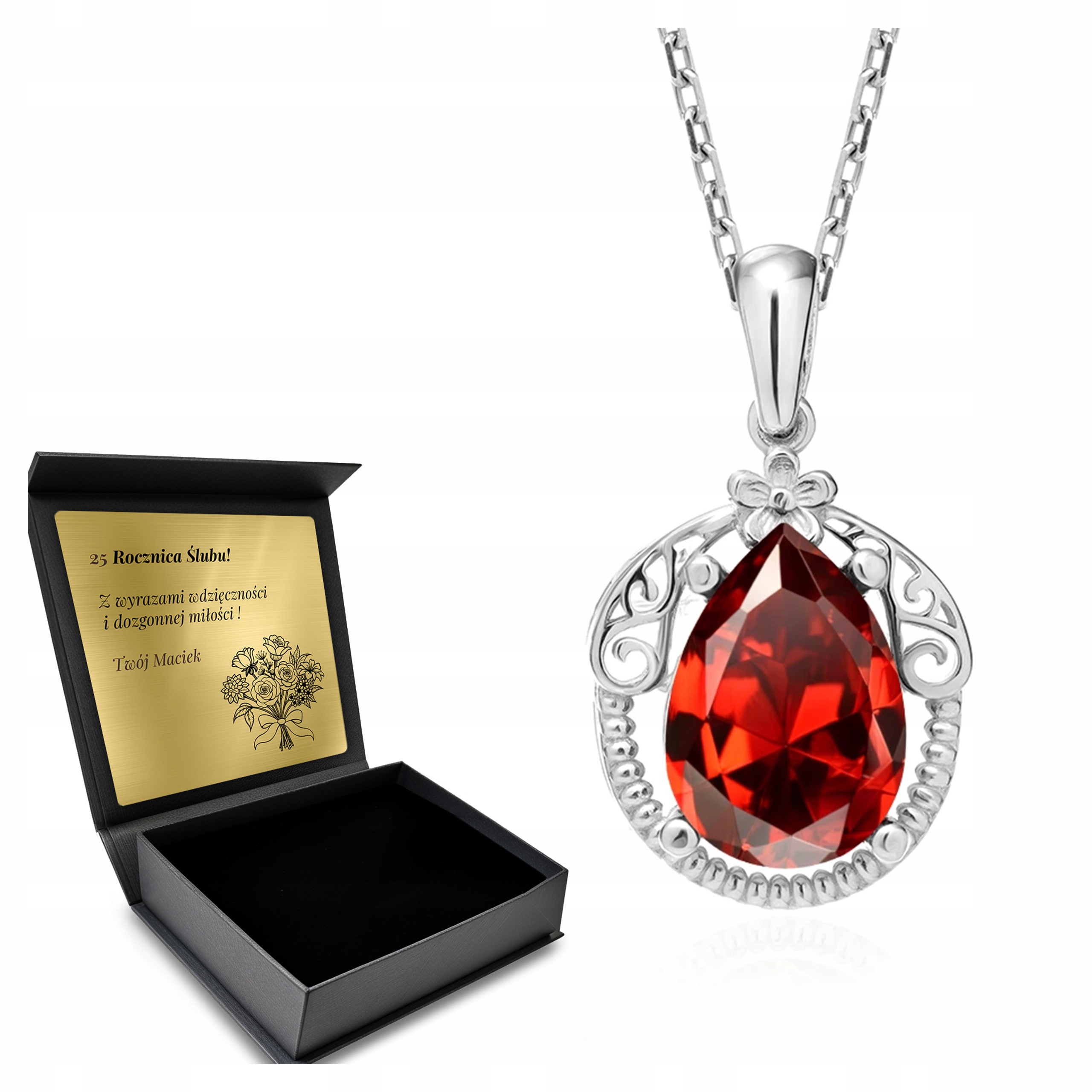 Stříbrný Náhrdelník 925 Zirkony A Granátové Jablko, Šperky Pro Ženy Gravírování Bonus