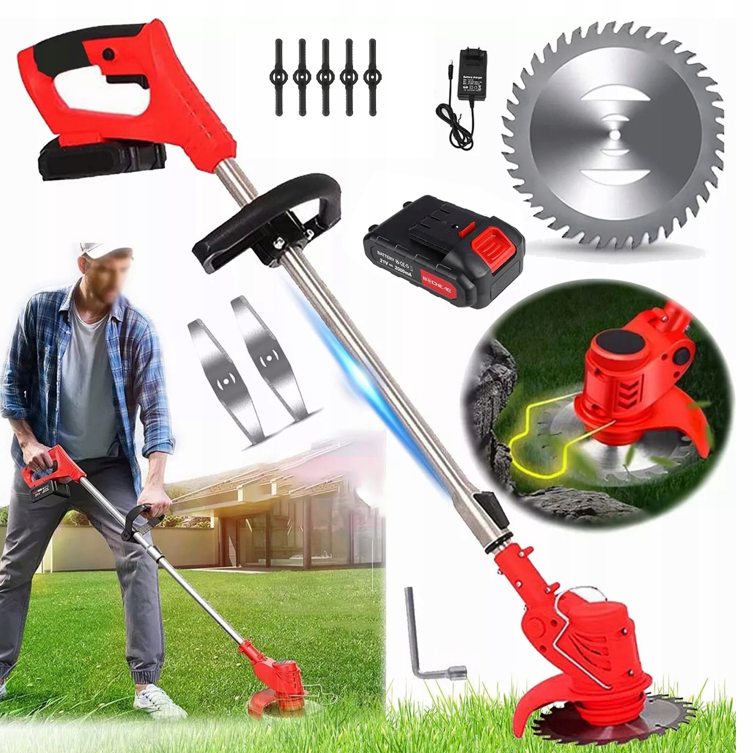 Aku Vyžínač Vyžínač Na Kolečkach 650W 21V 2Ah Sada