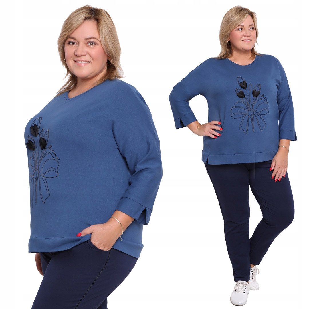 Modrý teplákovka s květinovou aplikací plus size velikost 52/54