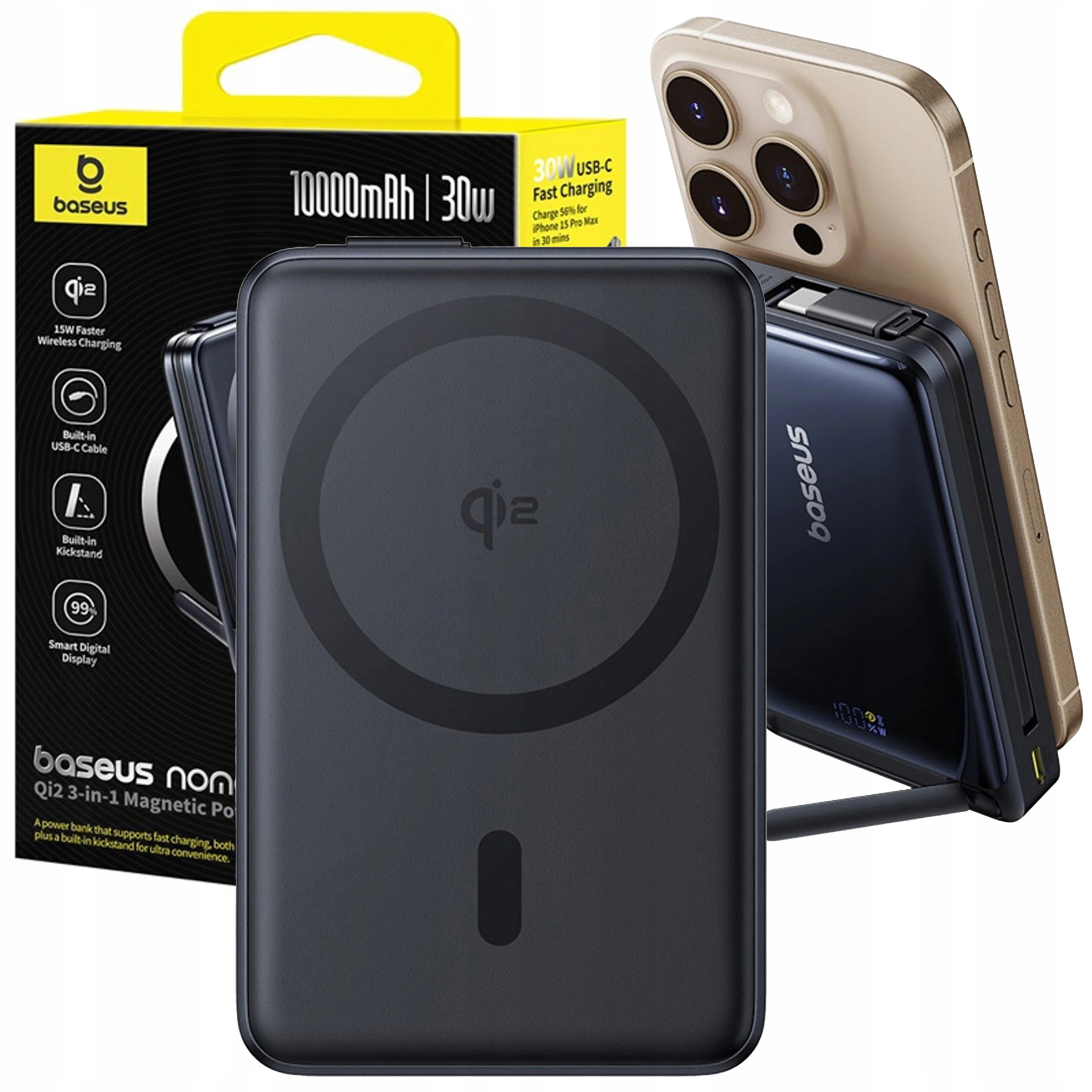Baseus Indukční Powerbanka 10000 mAh 30W Qi2 MagSafe Kabel Usb-c Podstavec