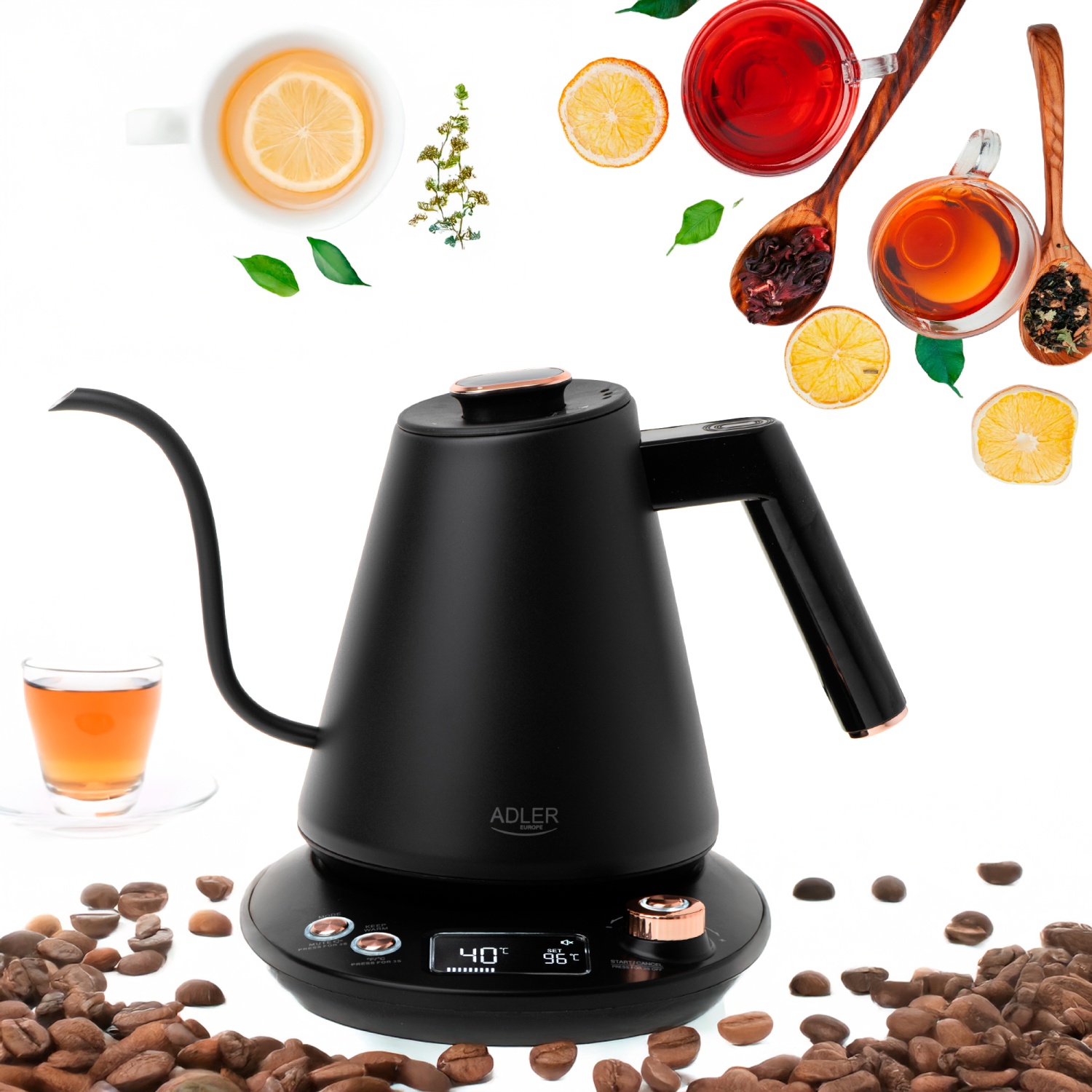 Elektrická varná konvice 1L Regulace a Udržování °C Dlouhý výtok Černá