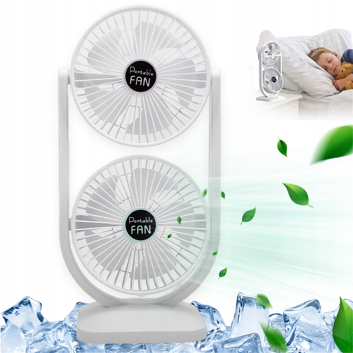 Ventilátor Usb 3 rychlostní stupně 3600 mAh 2 pohyblivé hlavy 270° do ložnice