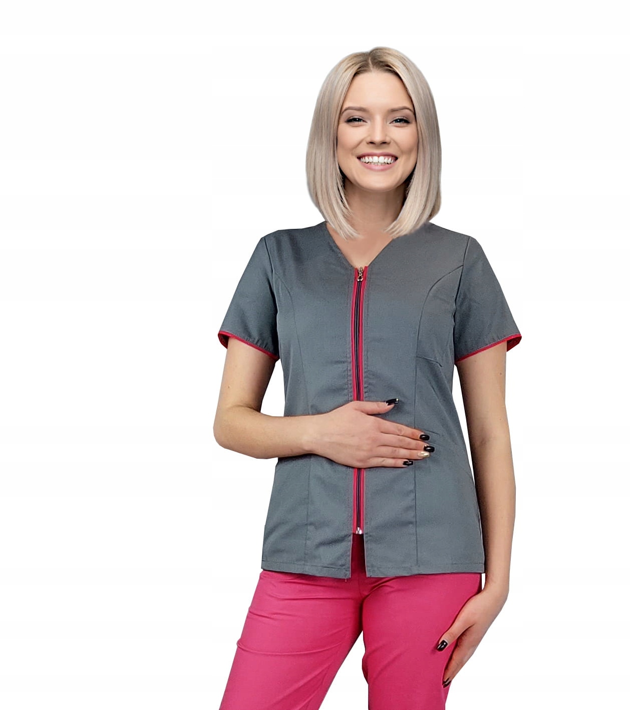 

Żakiet medyczny na suwak szary lamówka róż r.46