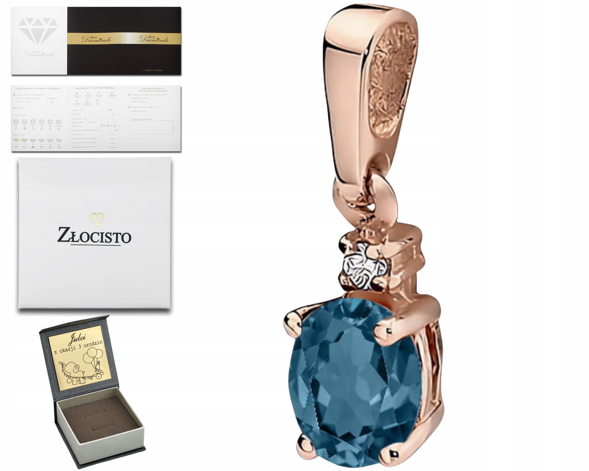 Růžové Zlato Přívěsek S Briliantem A Topazem London Blue Gravírování Bonus 585