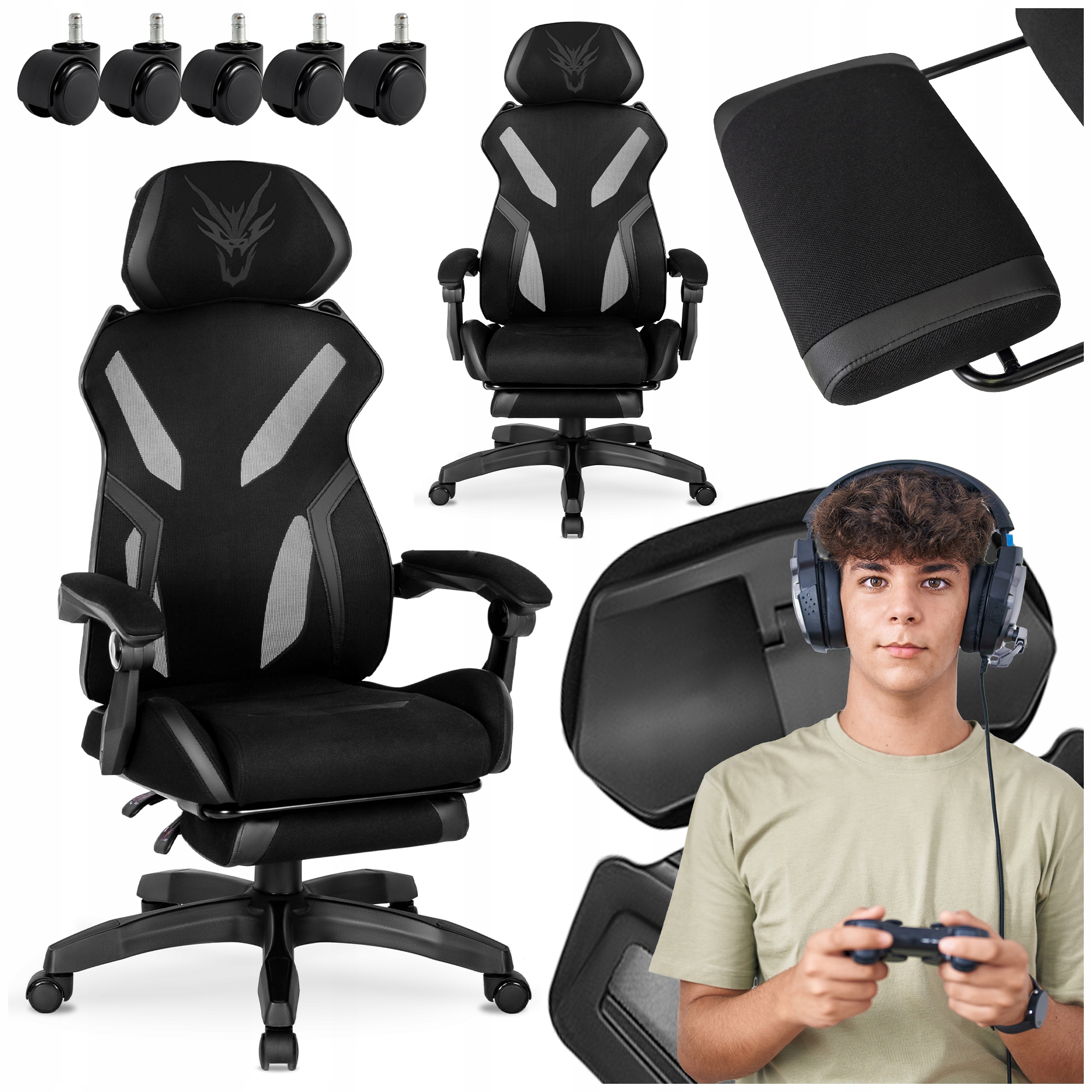 Otočná herní židle Černá Křeslo do pokoje s podnožkou Maximo