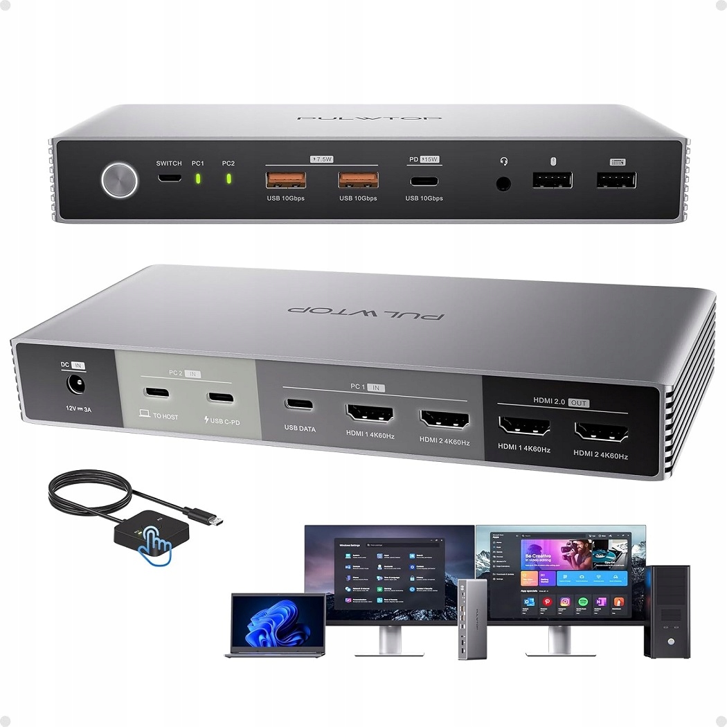 Pulwtop Stacja Dokująca 4K Dual-display Przełącznik Kvm Switch Dwa Monitory
