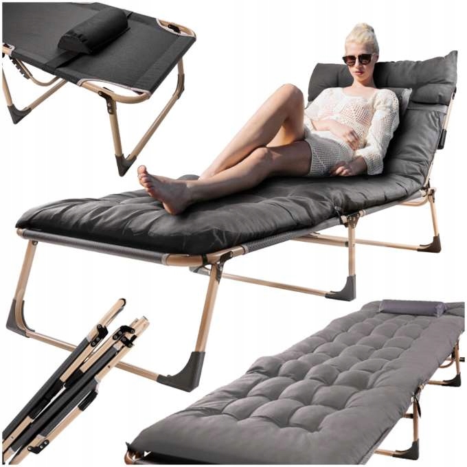 Łóżko Polowe Składane Ogrodowe Luaro Leżak Biznesowy 193cm Szary Materac