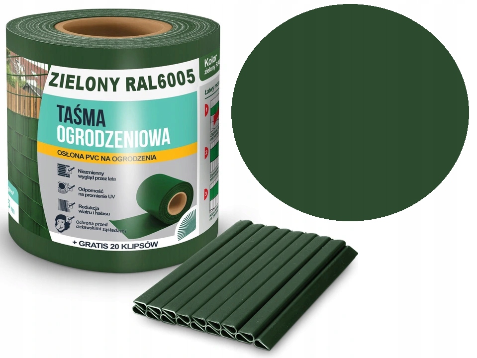 

Taśma Ogrodzeniowa Zielona 35m 20 Klipsów