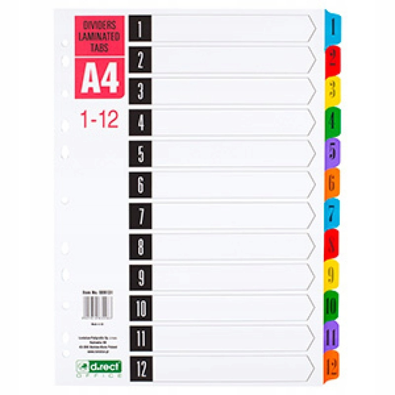 PRZEKŁADKI Z NUMERAMI 1-12 LAMINOWANE A4 TRWAŁE Marka D.rect