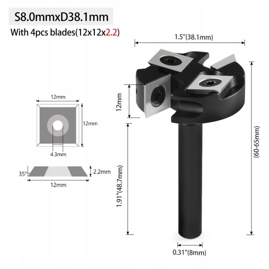 Fréza pro plánování dřeva s vyměnitelnými destičkami průměr 38,1 mm x 8 mm 4P