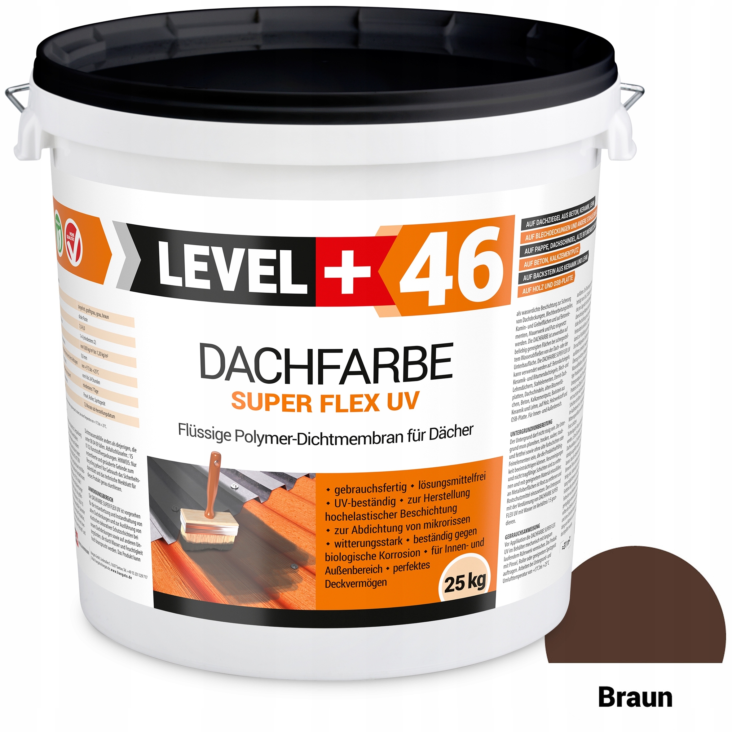 Farba Dachowa Brązowy 25kg Wałek Malarski 25cm Marka Level+