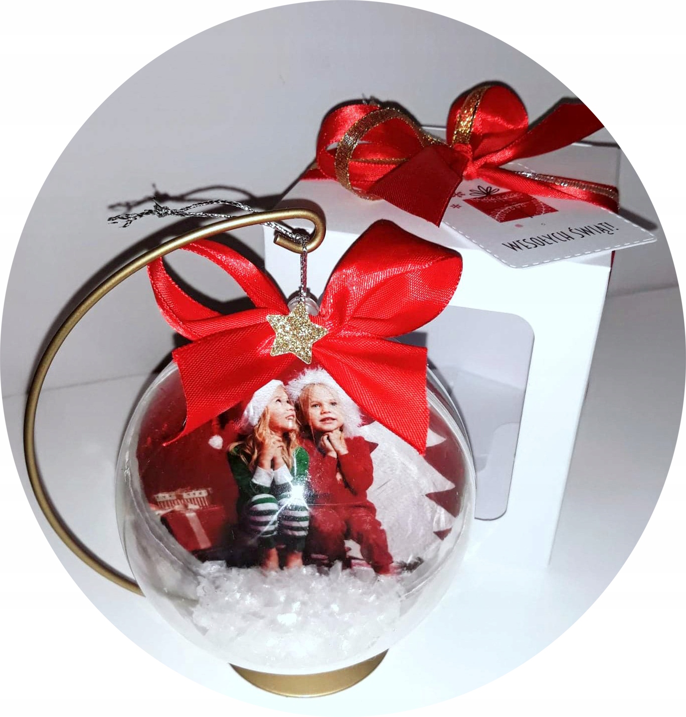 

Bombka ze zdjęciem 10cm pudełko stojak Święta