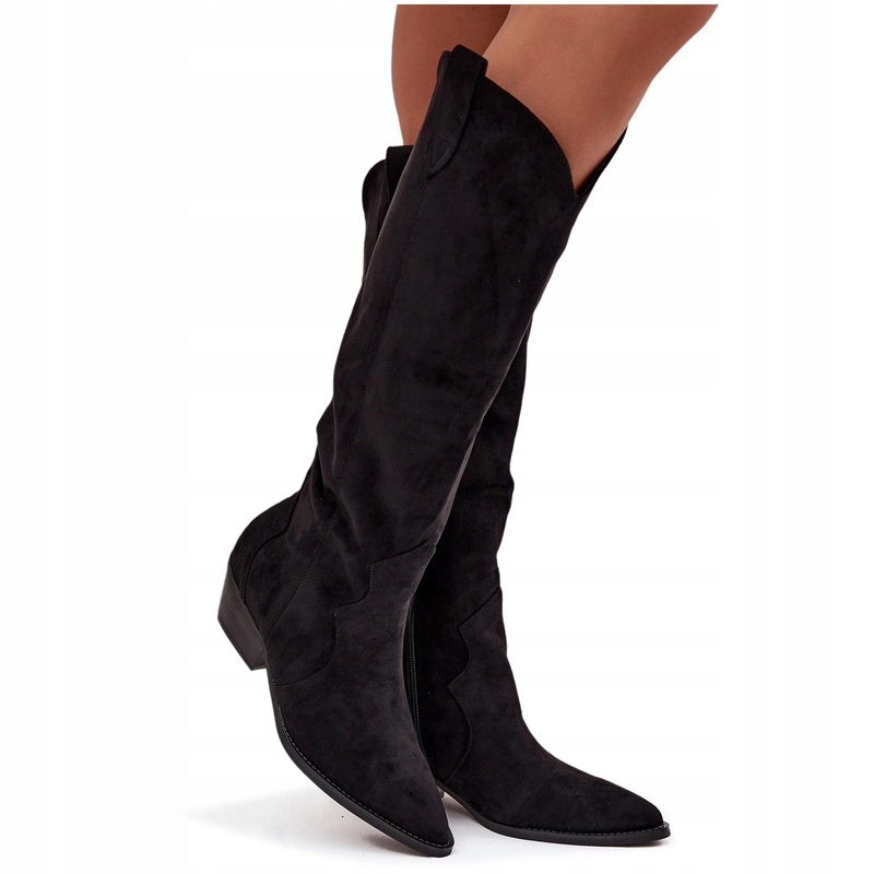 Kozačky Kovbojské Boty Eko Semišové S Nazouvacím Podpatkem Stylové Černé 39