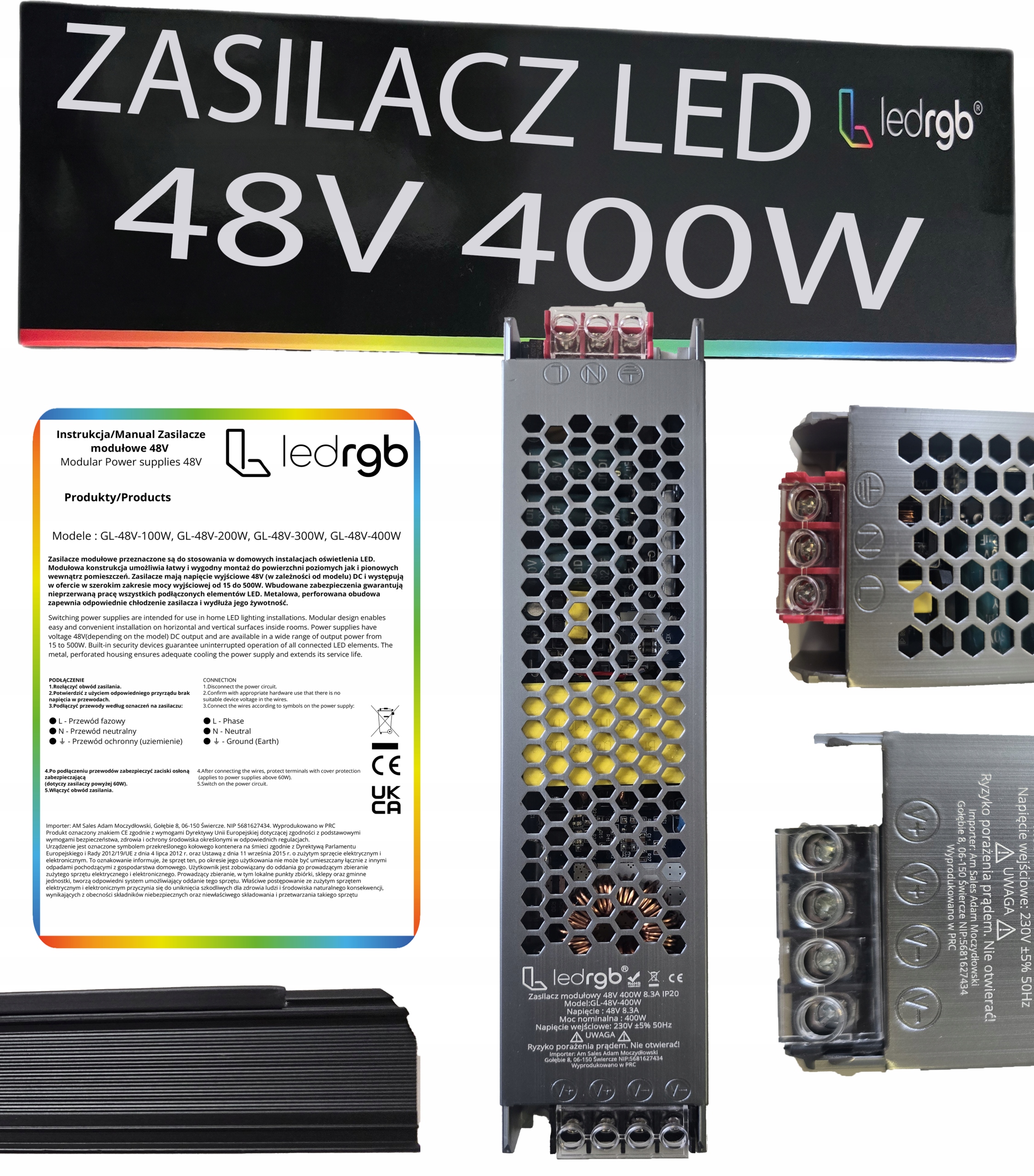 Montážní napájecí zdroj 48V 8.3A 400W Premium pro Led modulární Ac DC Slim Výkonný