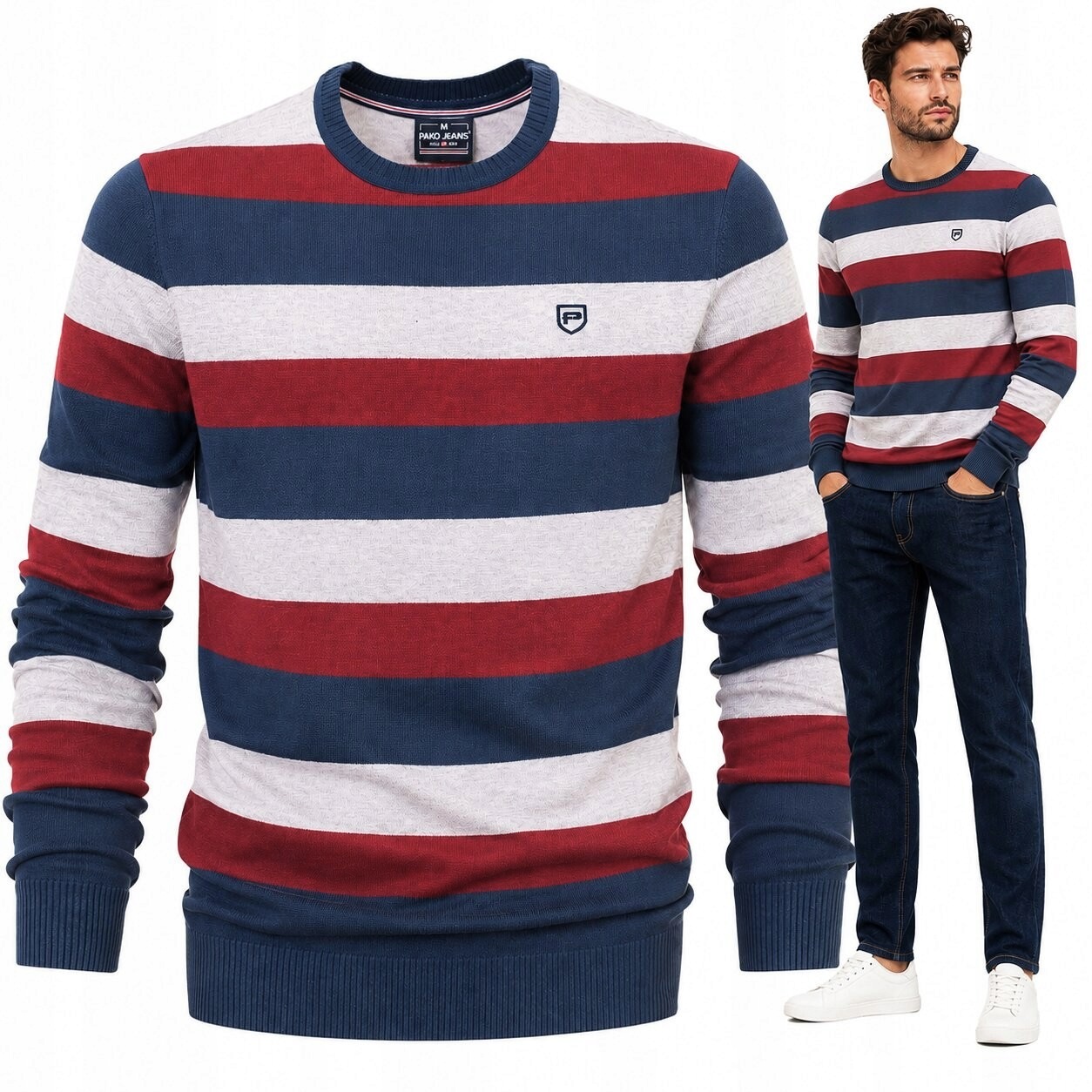Pánský svetr Granátovo-červeno-šedý s proužky Bavlněný L Pako Jeans
