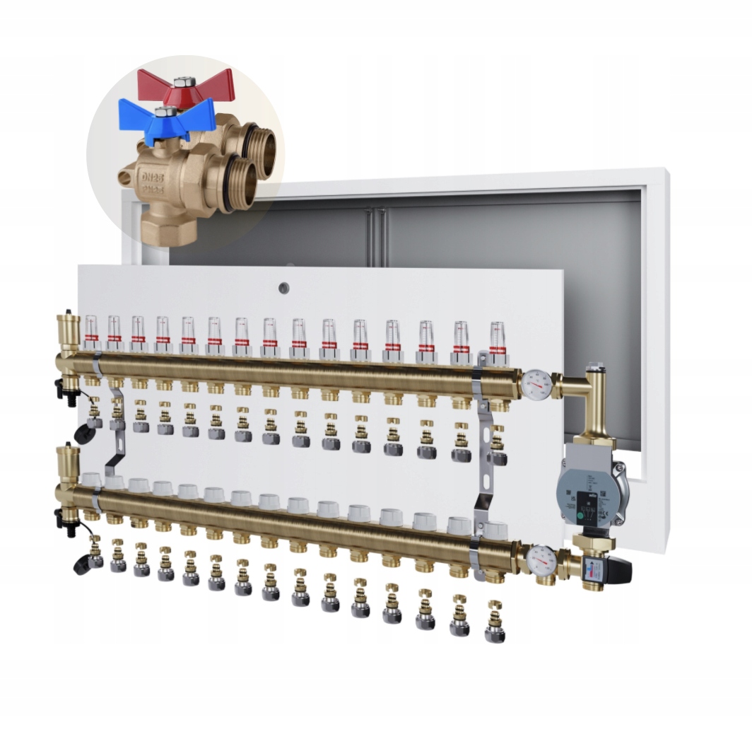 Rozdělovač podlahového vytápění 15 nástěnná skříňka+WILO+PEX+VENTIL Kul