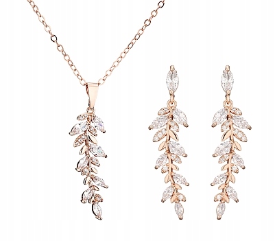 KOMPLET NASZYJNIK KOLCZYKI LIŚCIE ZŁOTY ŚLUB ROSE