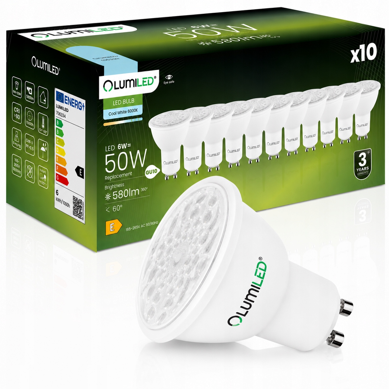 10x Led žárovka GU10 6W 50W 580lm 6500K Studená Nastavitelná 24° 36° 60°