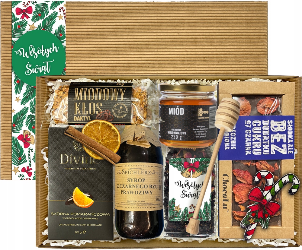 Duży zestaw prezentowy pod Choinkę Herbata Miód Czekolada Syrop box