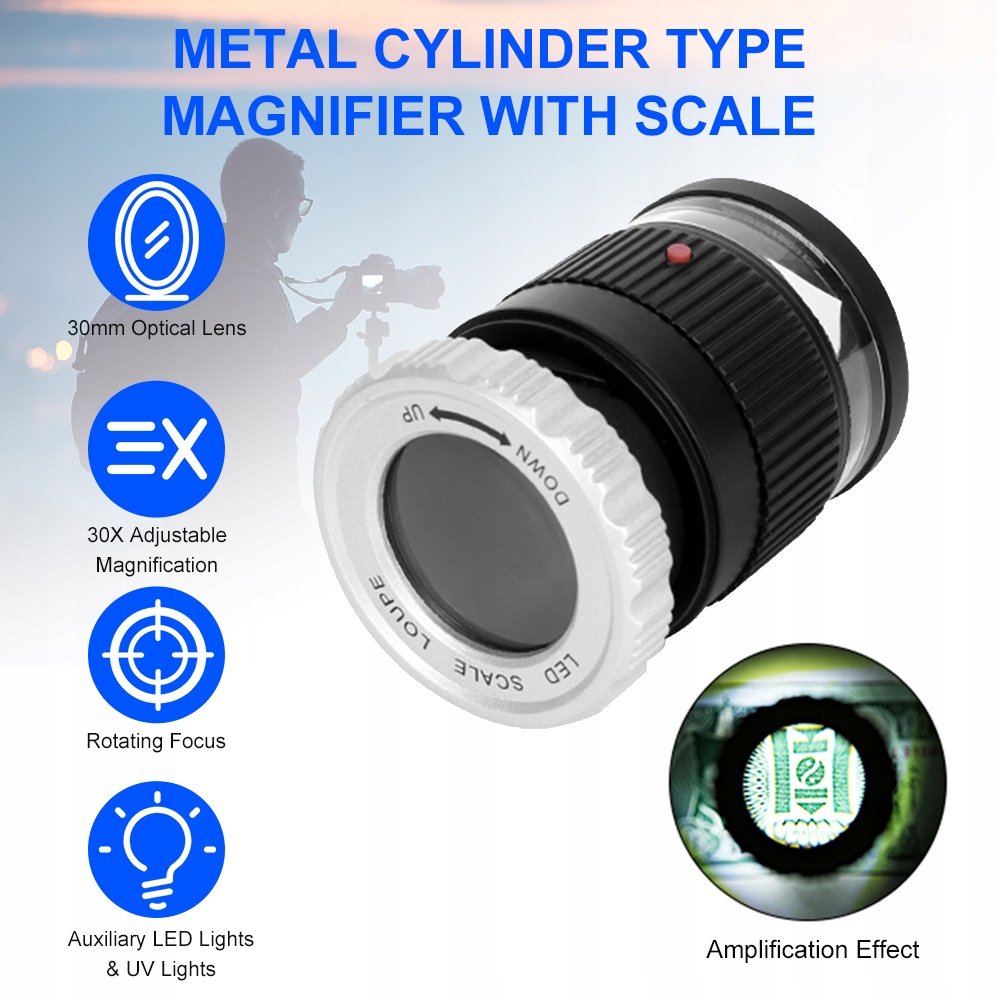 Skala LED LOUPE 30x Regulowane powiększenie powiększanie metalowy 8I