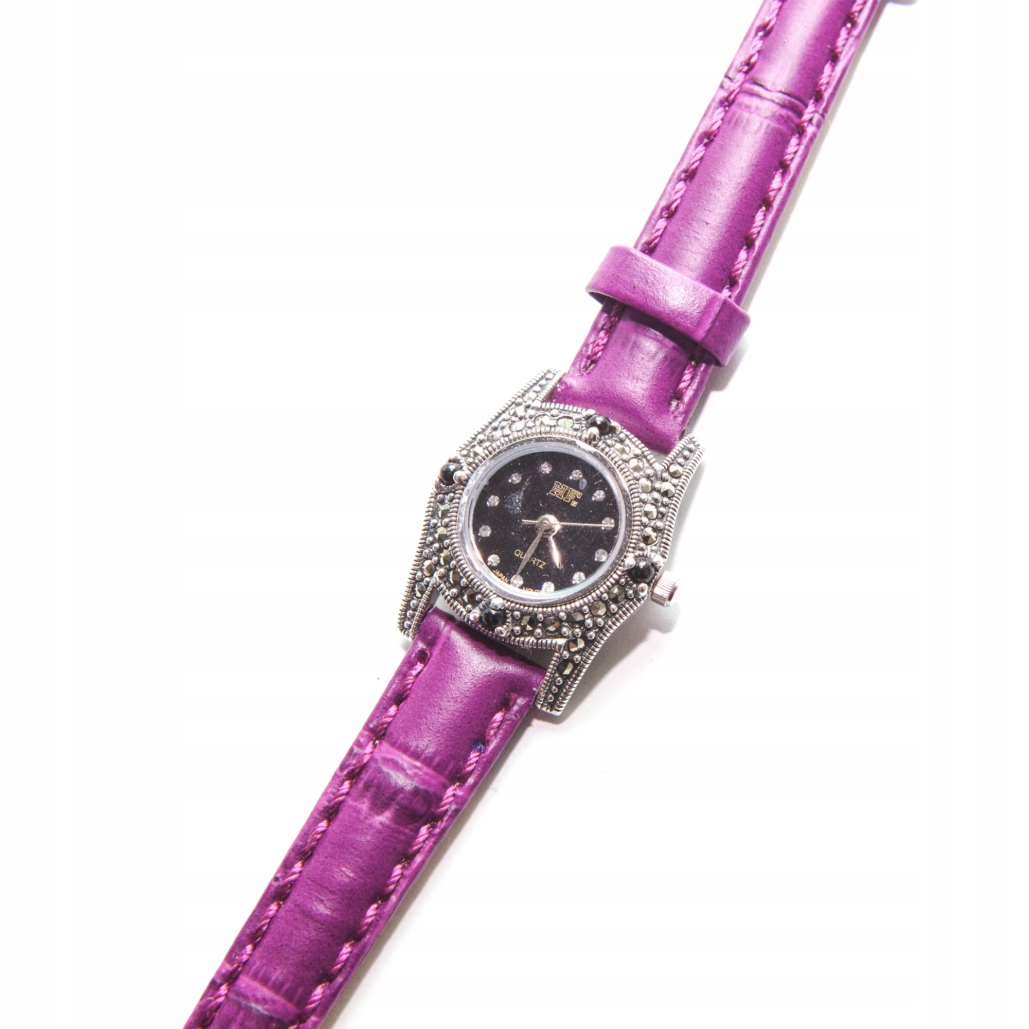 Hodinky ruční náramek s markýzami stříbro 925 fialový kožený řemínek