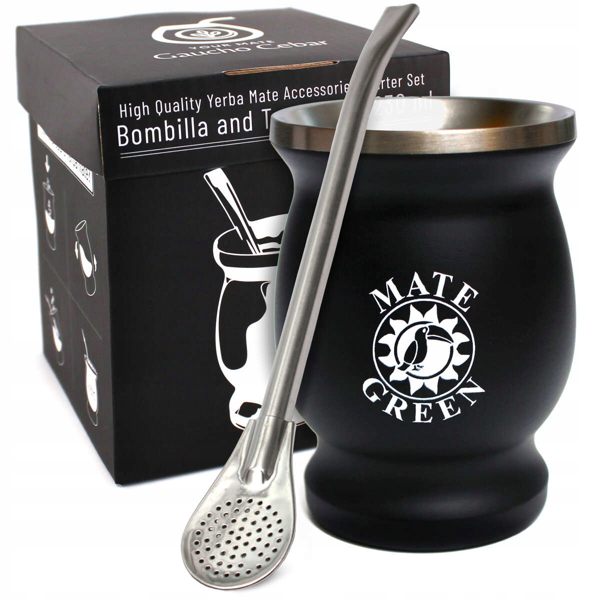 Černá sada Termocup pro yerba mate Gaucho Cebar termo matero bombilla