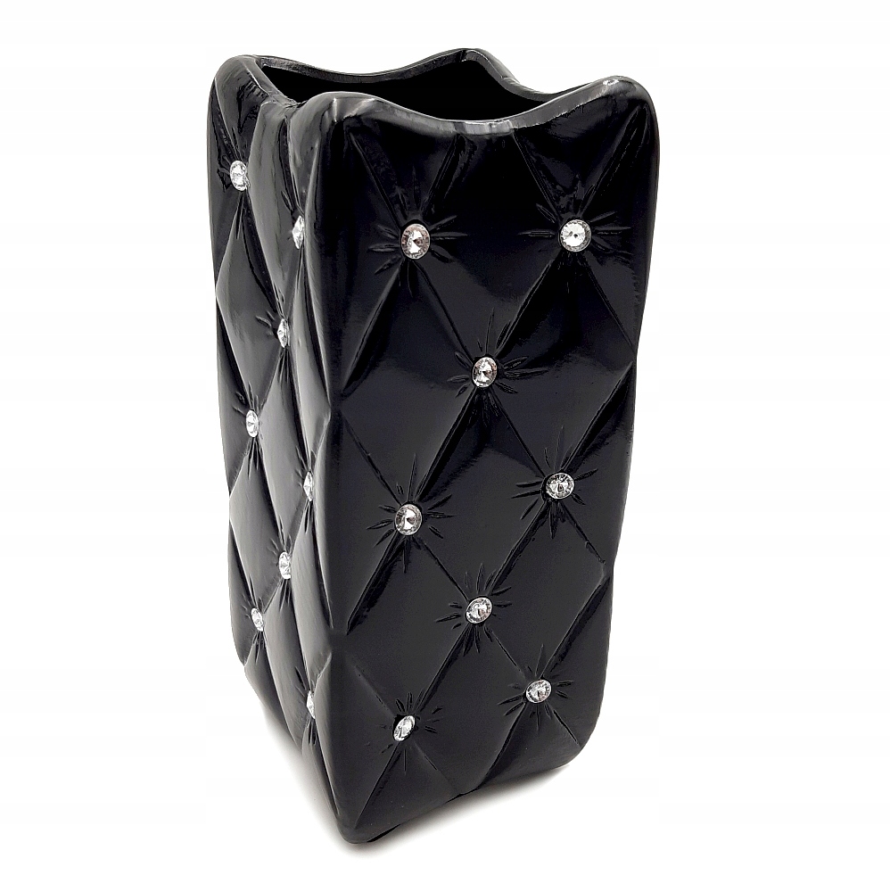 Czarny wazon glamour z kryształkami pikowany duży