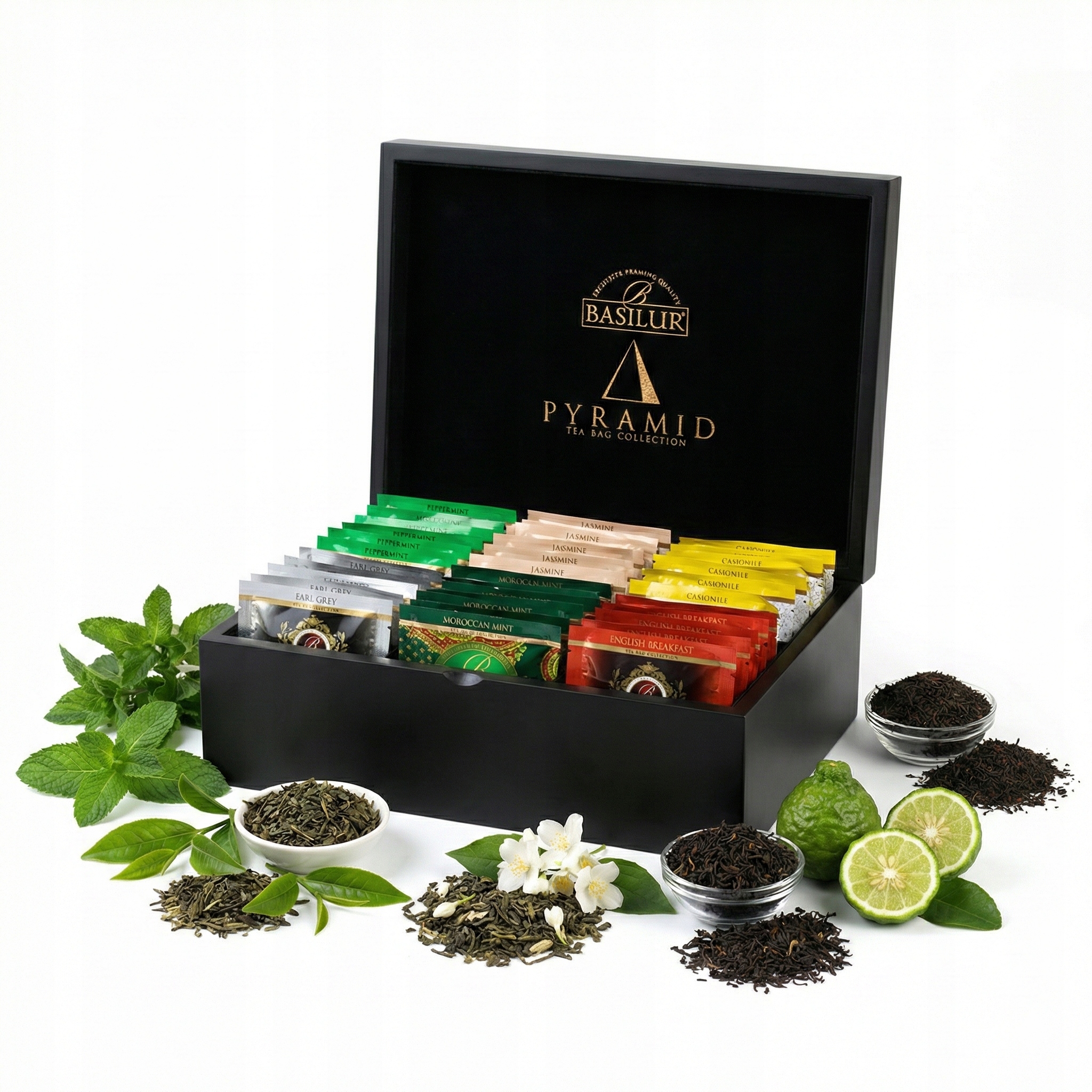 Levně Basilur Dřevěný exponát s 6 příchutěmi – exkluzivní sada čajů – 60 ks