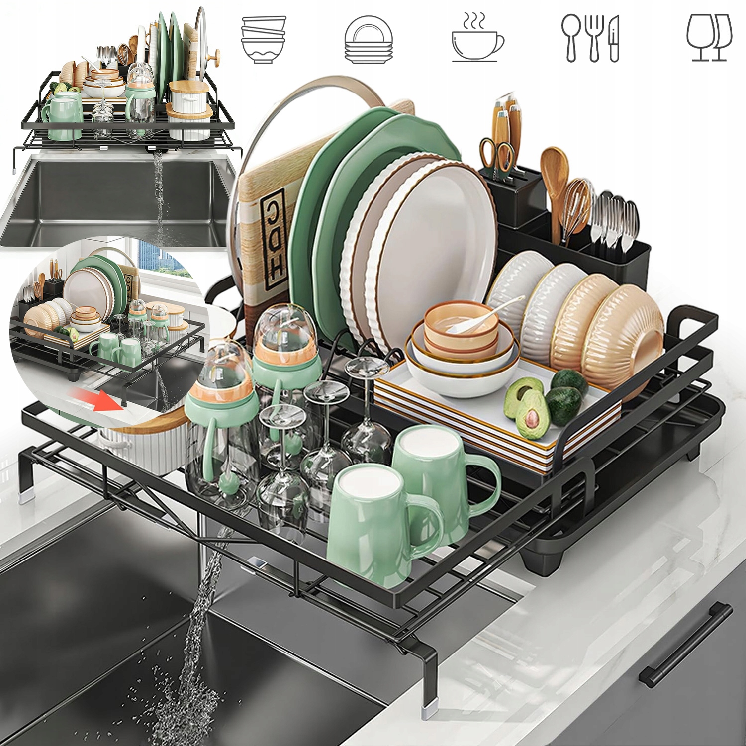 Odkapávač Na Nádobí Stojící Černý Nerezový Velký Výsuvný Odkapávač Trvanlivý