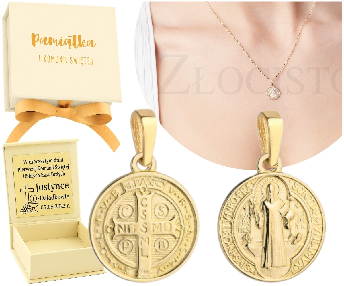 Zlatý Medailonek Oboustranný Malý Svatý Benedikt 585 Gravírování Jako Dárek