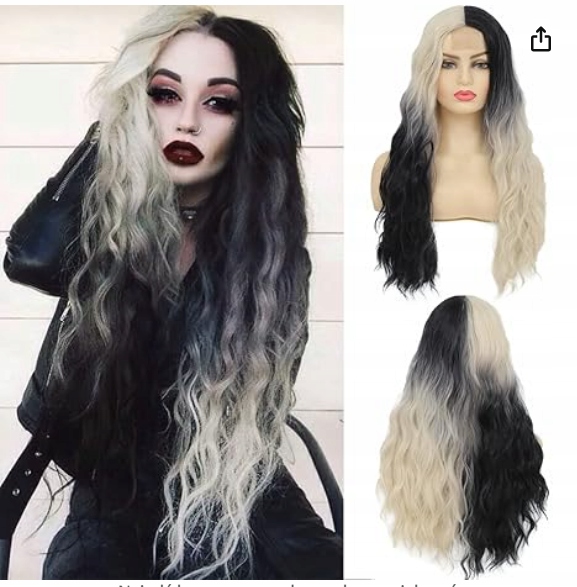 Siudus Paruka Syntetická Dlouhé Kudrnaté Vlny Ombre Černo-Bílé 70 cm