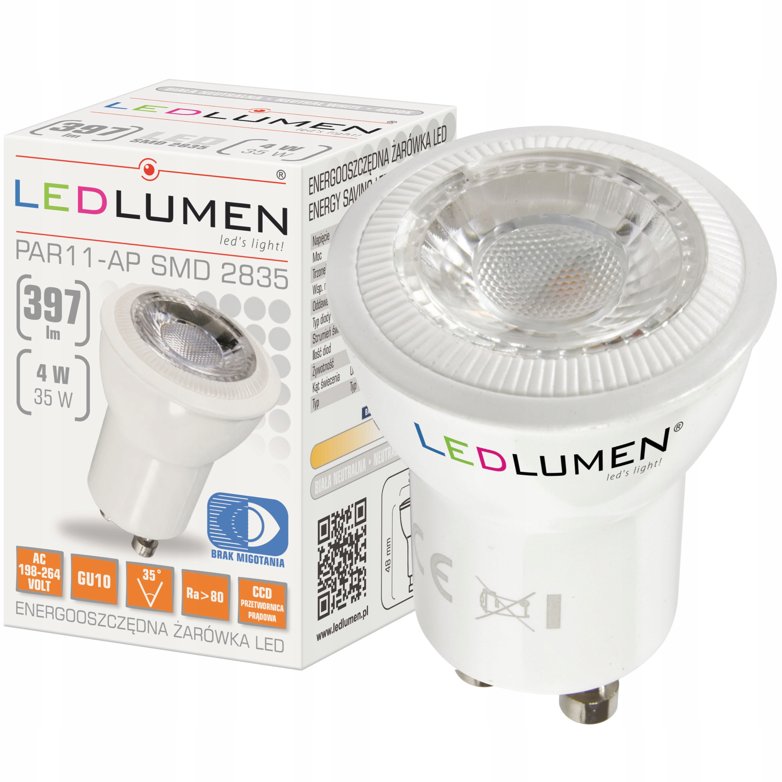 

Żarówka Led GU10 4W=35W 397lm CCD 35° Neutralna