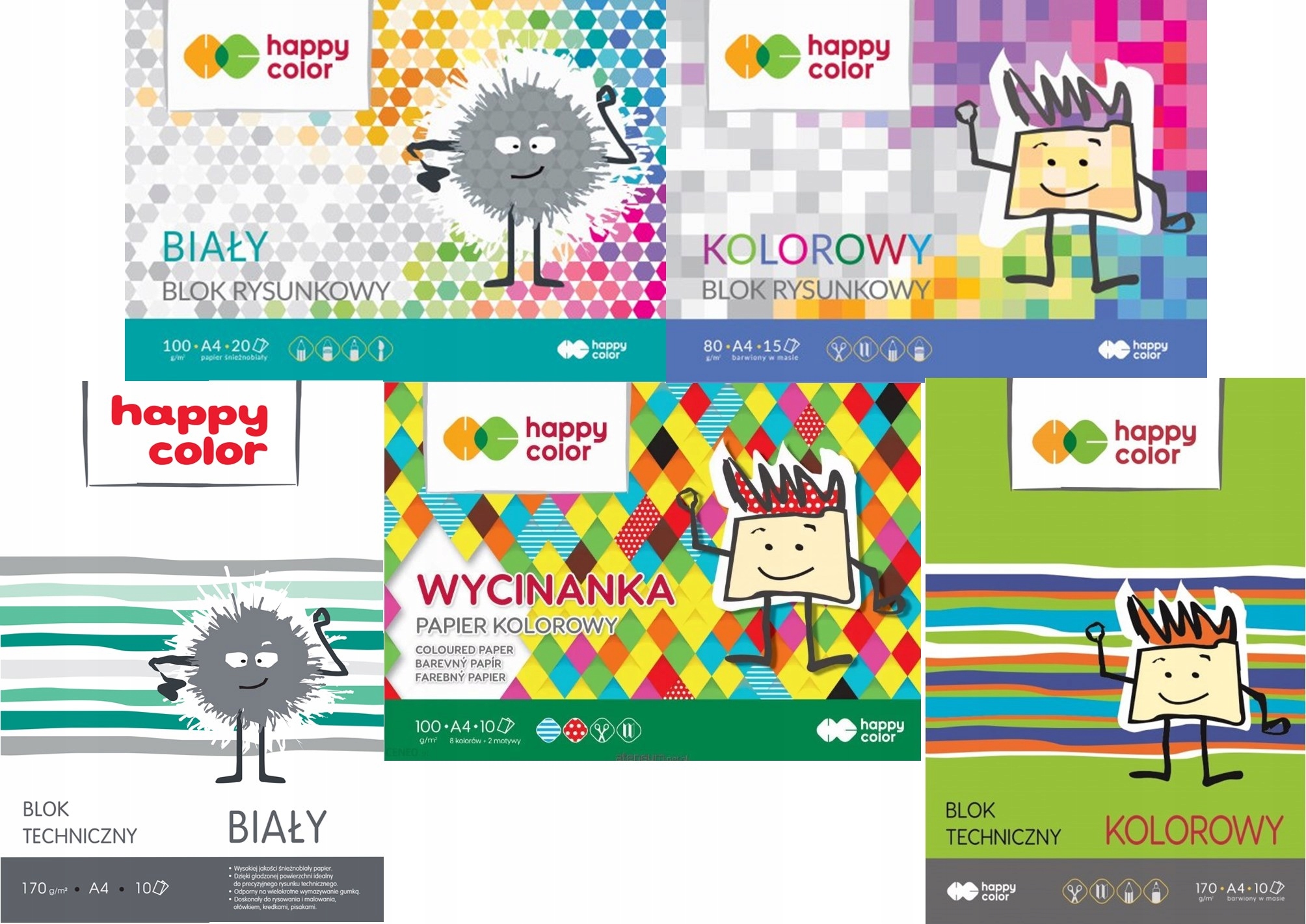 

Zestaw 5 bloków biały kolorowy A4 Happy Color