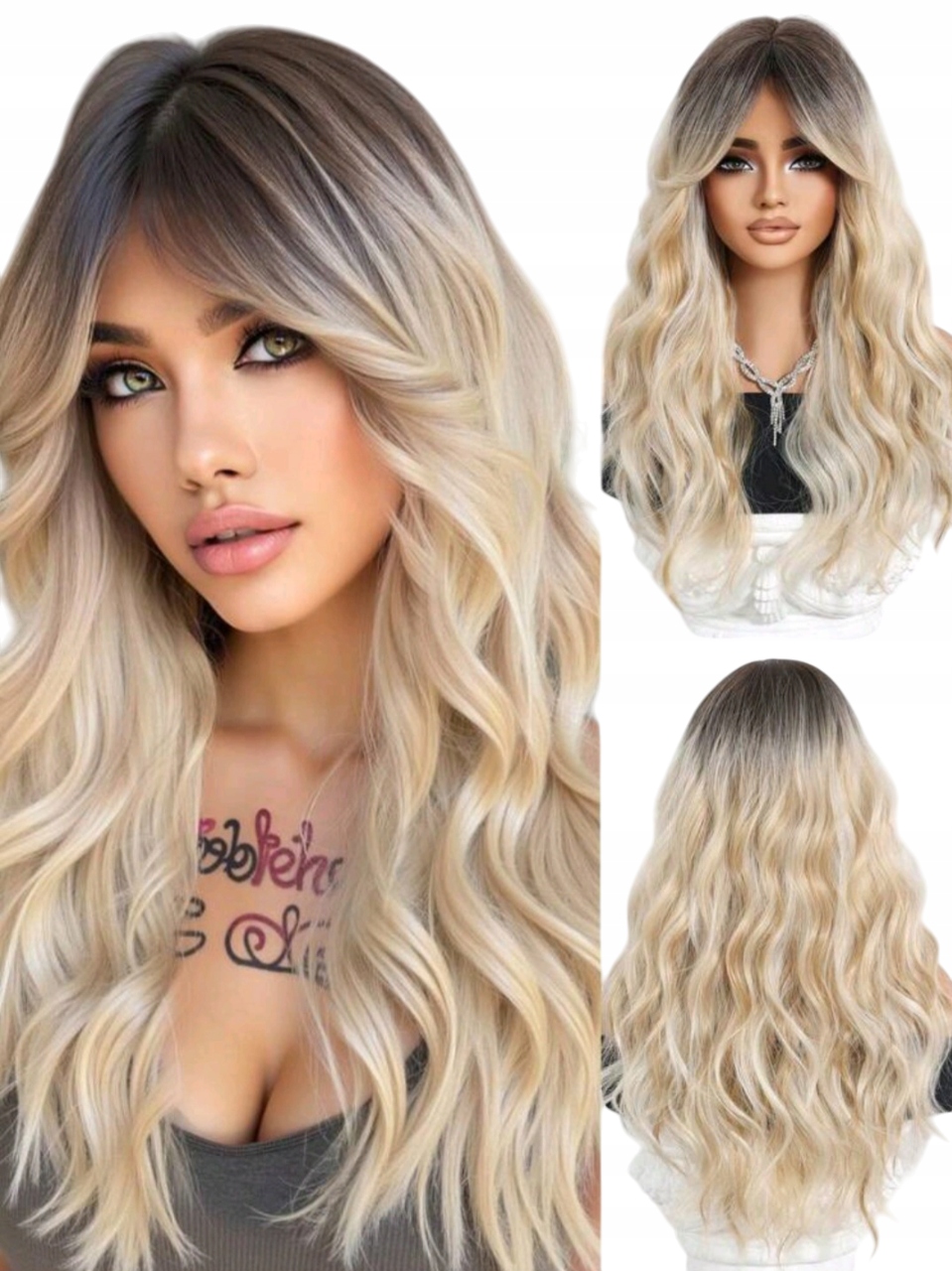 Peruka Damska Blond Ombre Dłuższa grzywka długie Włosy Jak naturalne czepek