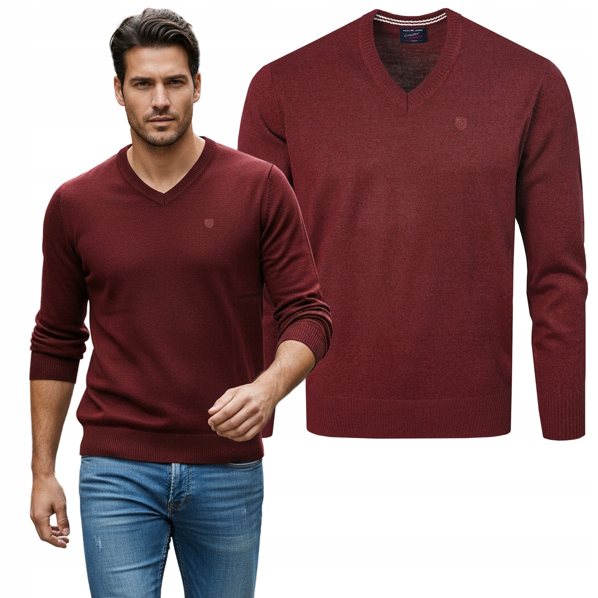Pánský svetr se sýrem Elegantní hladký Bordový melír XXXL Pako Jeans