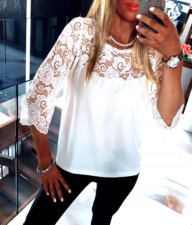 . BIAŁA BLUZKA ELEGANCKA Z KORONKĄ KOSZULA WISKOZA Rozmiar L