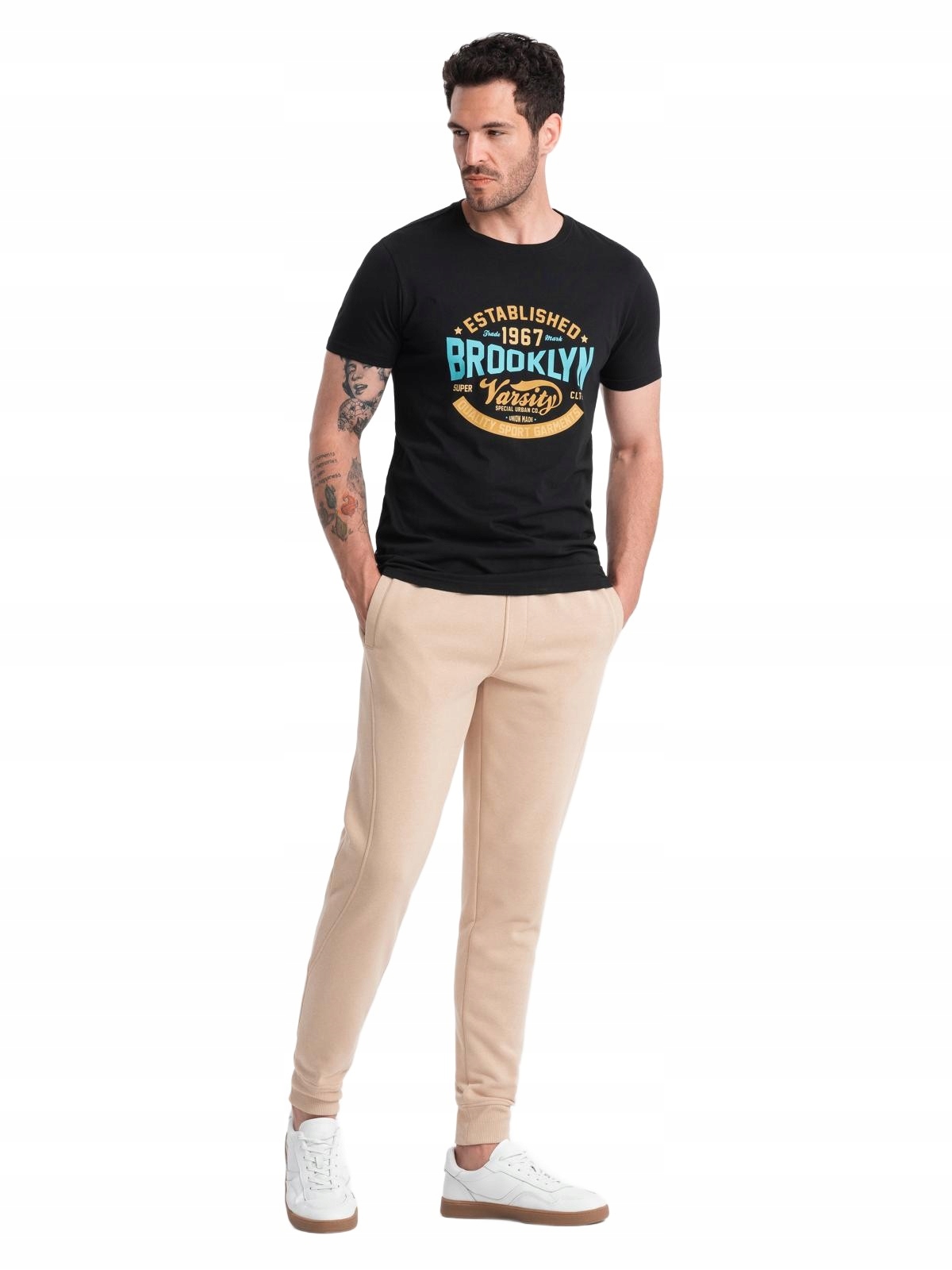Pánské tepláky joggery Basic béžové V6 OM-PABS-0174 XXL