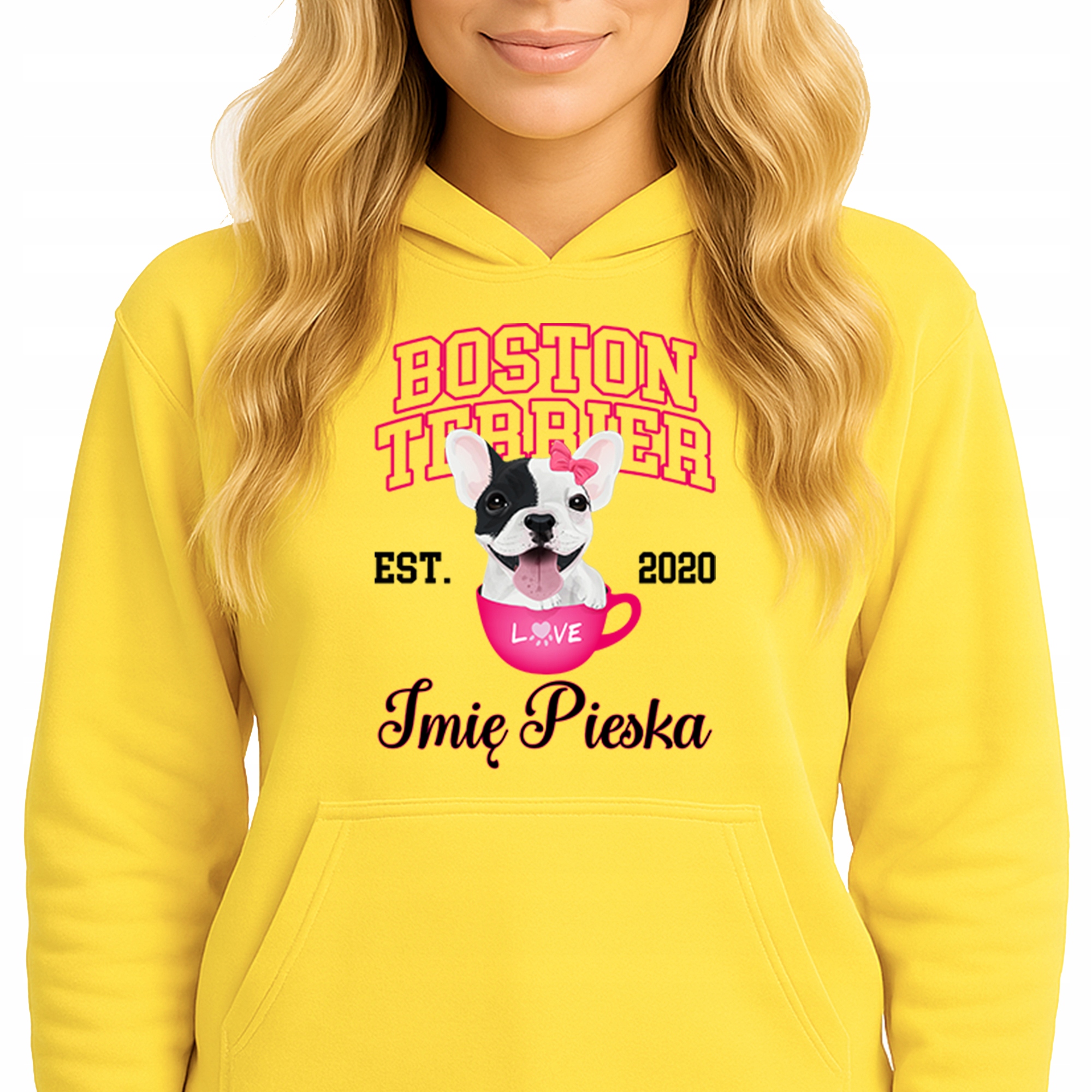 Mikina S Kapucí Žlutá bavlněná mikina Boston Terrier Jméno psa Vel M