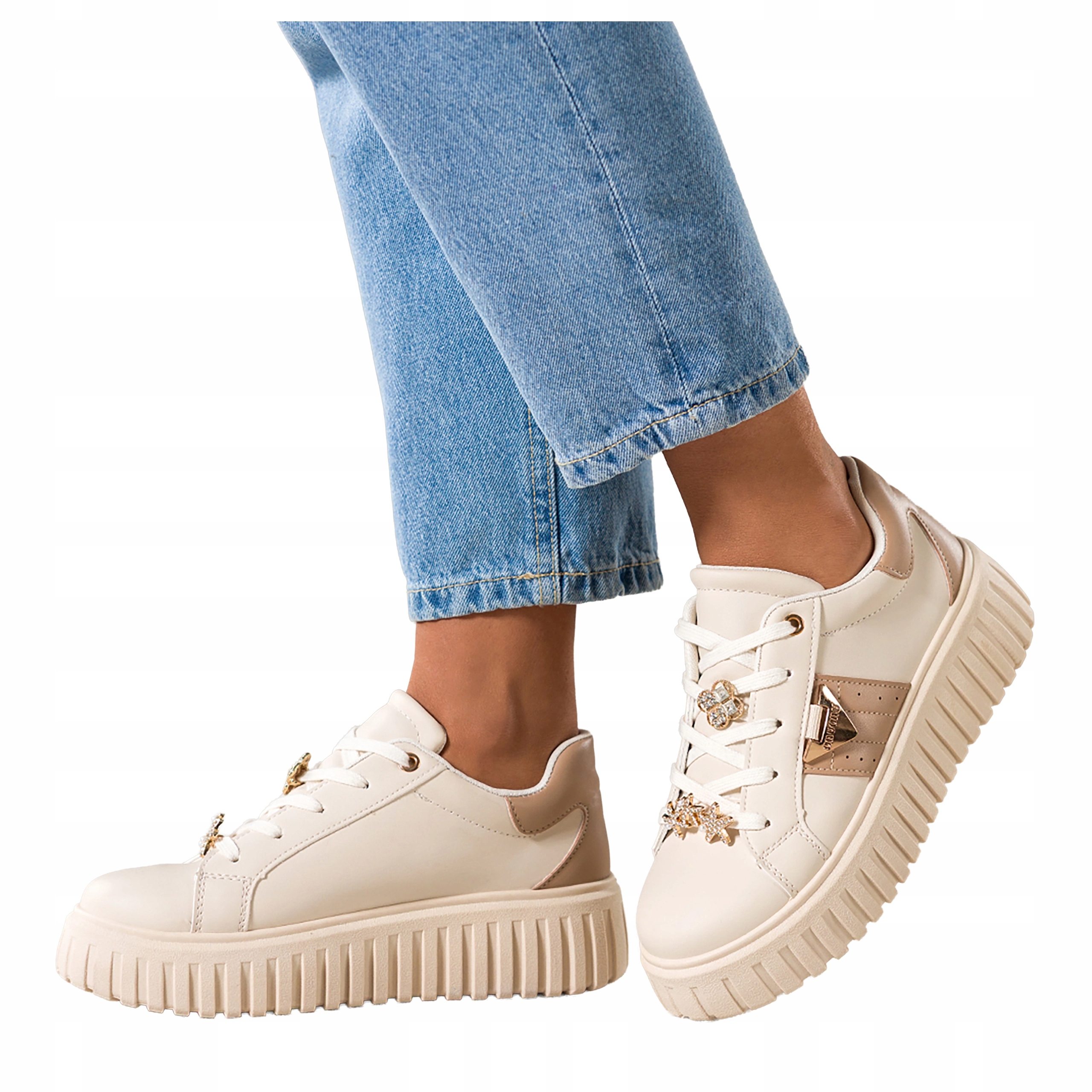 Sneakersy Béžové Dámské Sportovní Platforma Šněrovací Zlaté Ozdoby vel 38