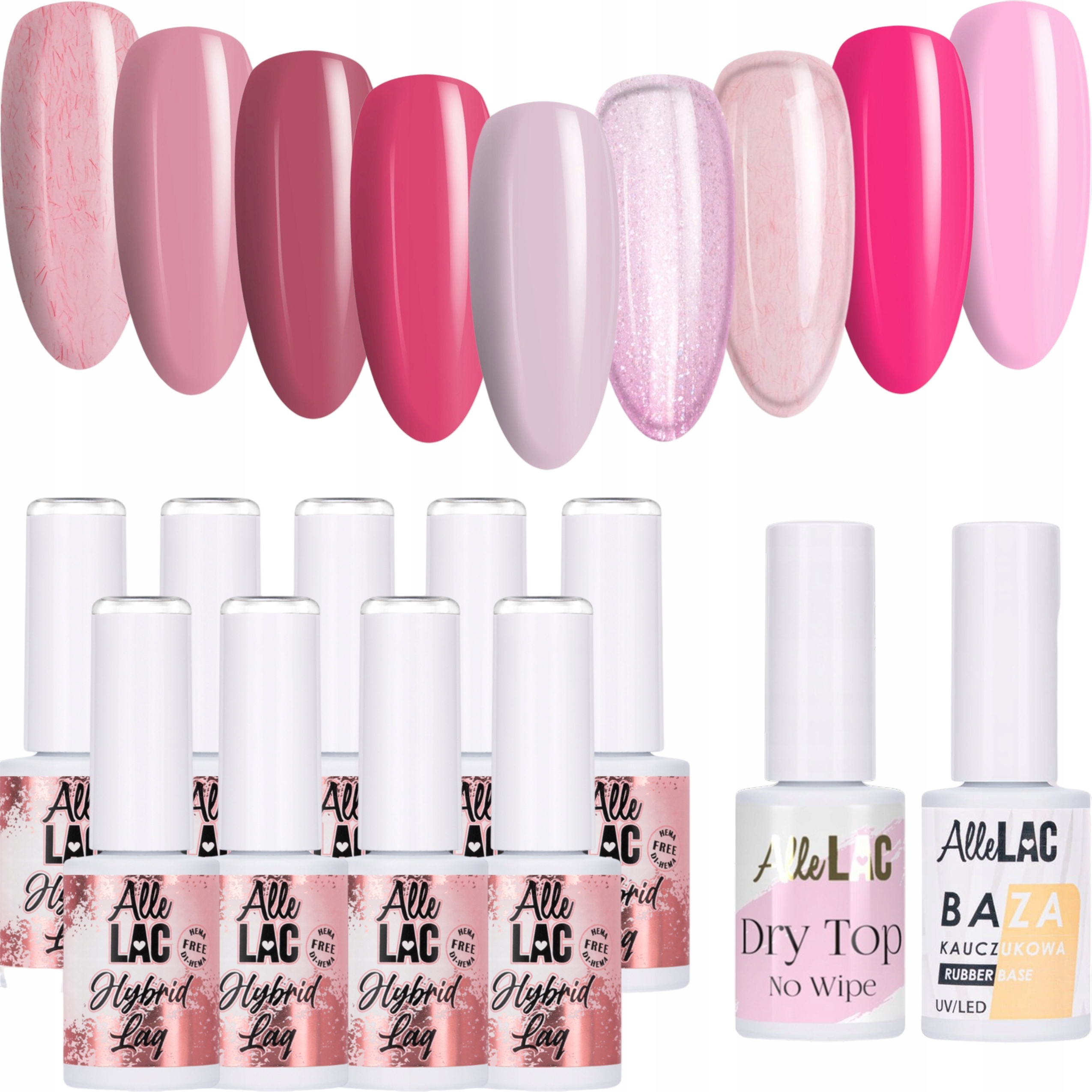 9x Lakier Hybrydowy Allelac Pinks Różowy Baza Top Zestaw Róże