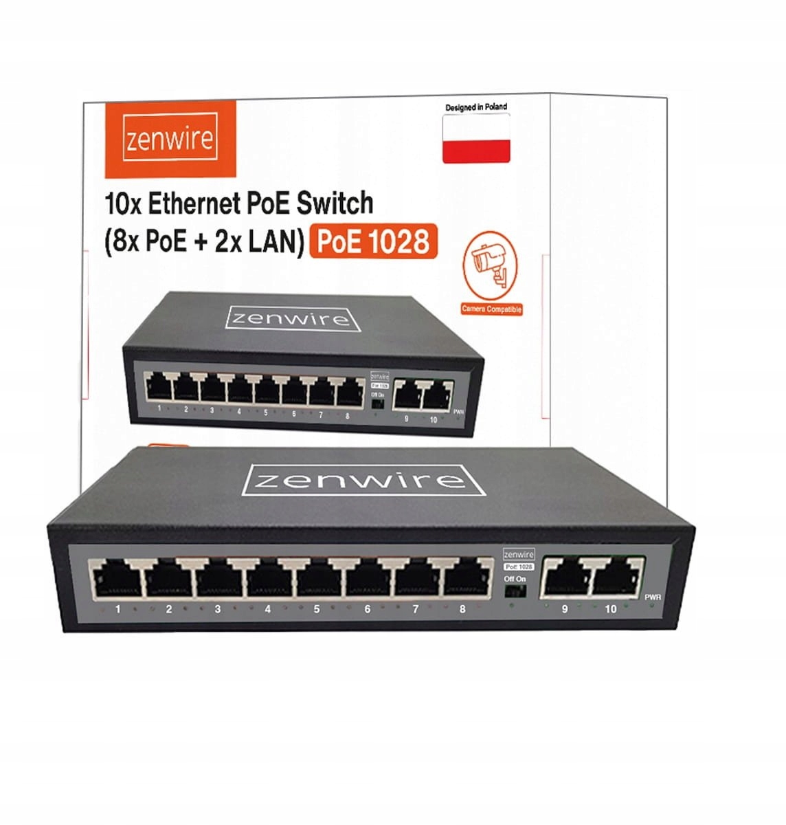 Rozdzielacz Portów 10 Portów 8 Poe 2 Lan Ethernet RJ45 do Kamer Ip Zenwire
