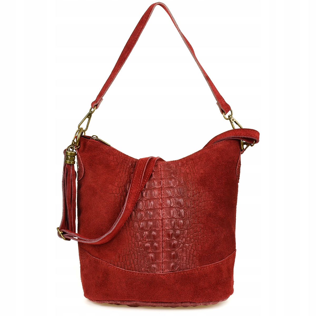 Kožená semišová kabelka Croco kabelka přes rameno 2 proužky bordó Beltimore W13
