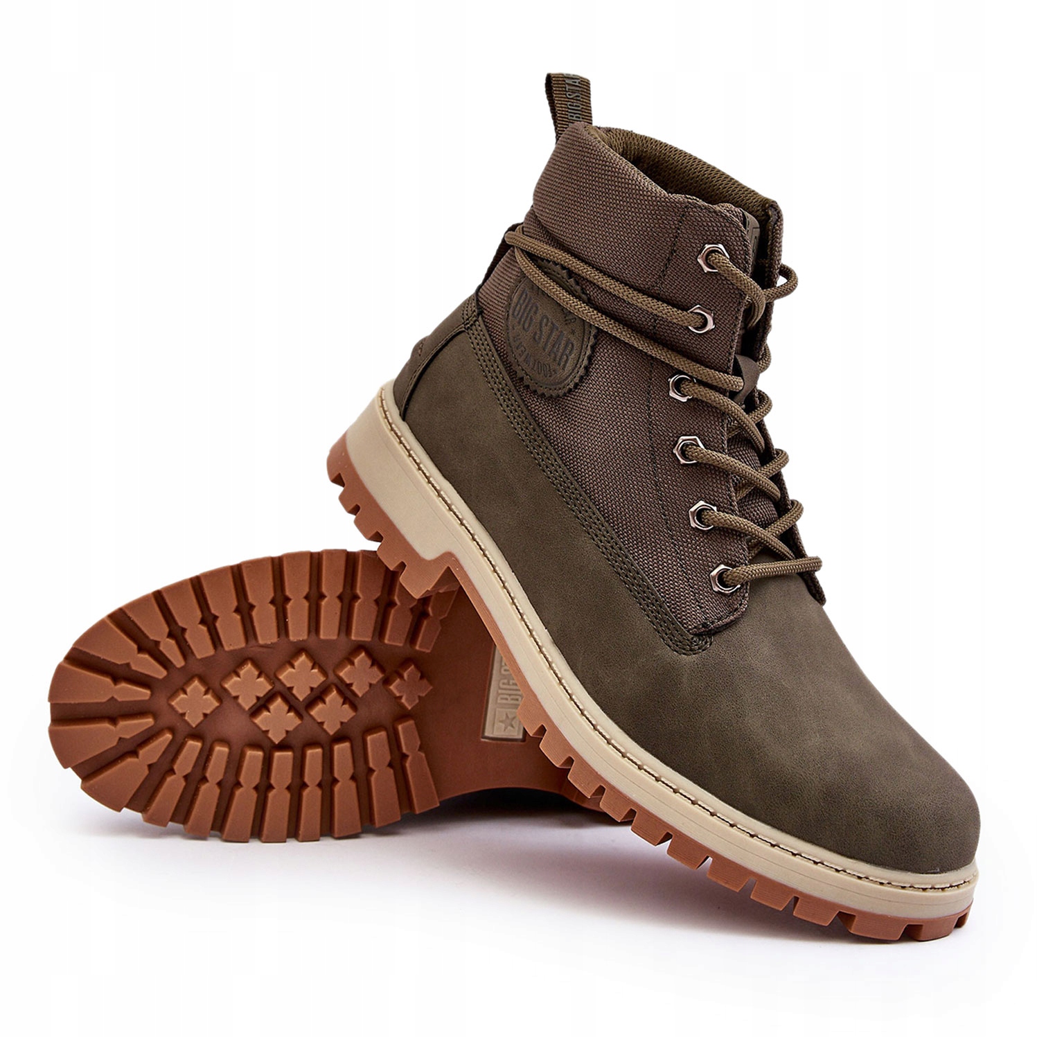Trapery Botki Męskie Eko Skórzane Sznurowane Big Star KK174205 Khaki 45