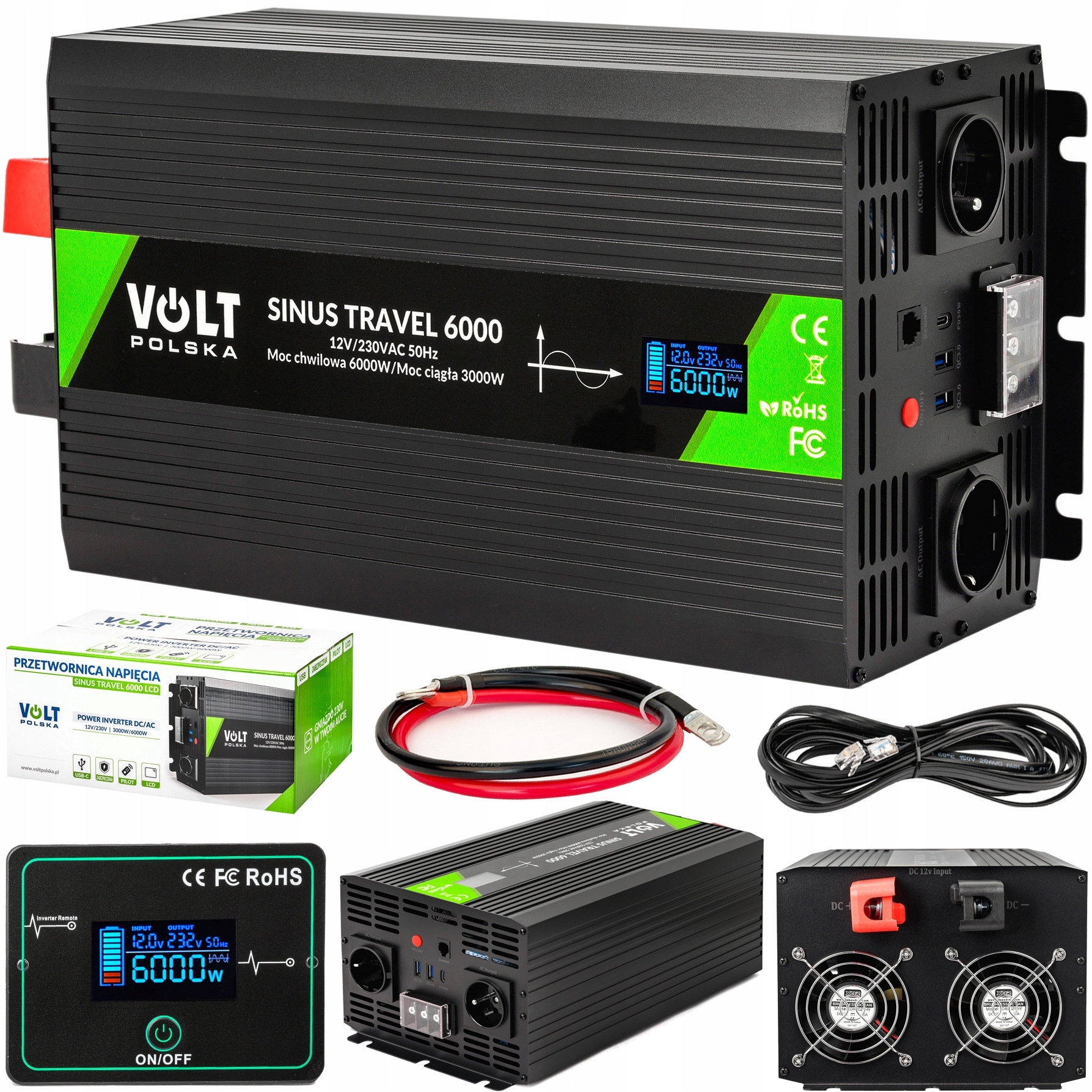 Przetwornica Prądu Napięcia Sinus 230V Volt Travel 3000/6000W LCD Pilot 12V