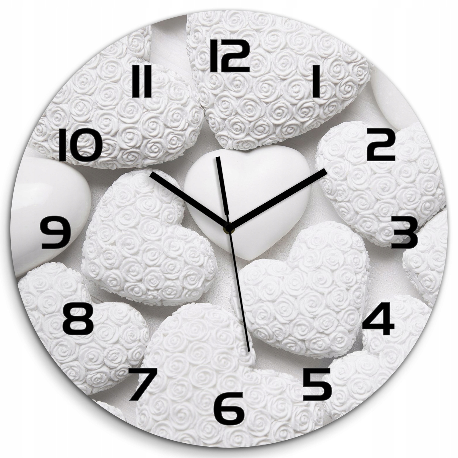 

Szklany duży zegar wiszący Białe tło serca fi 60cm